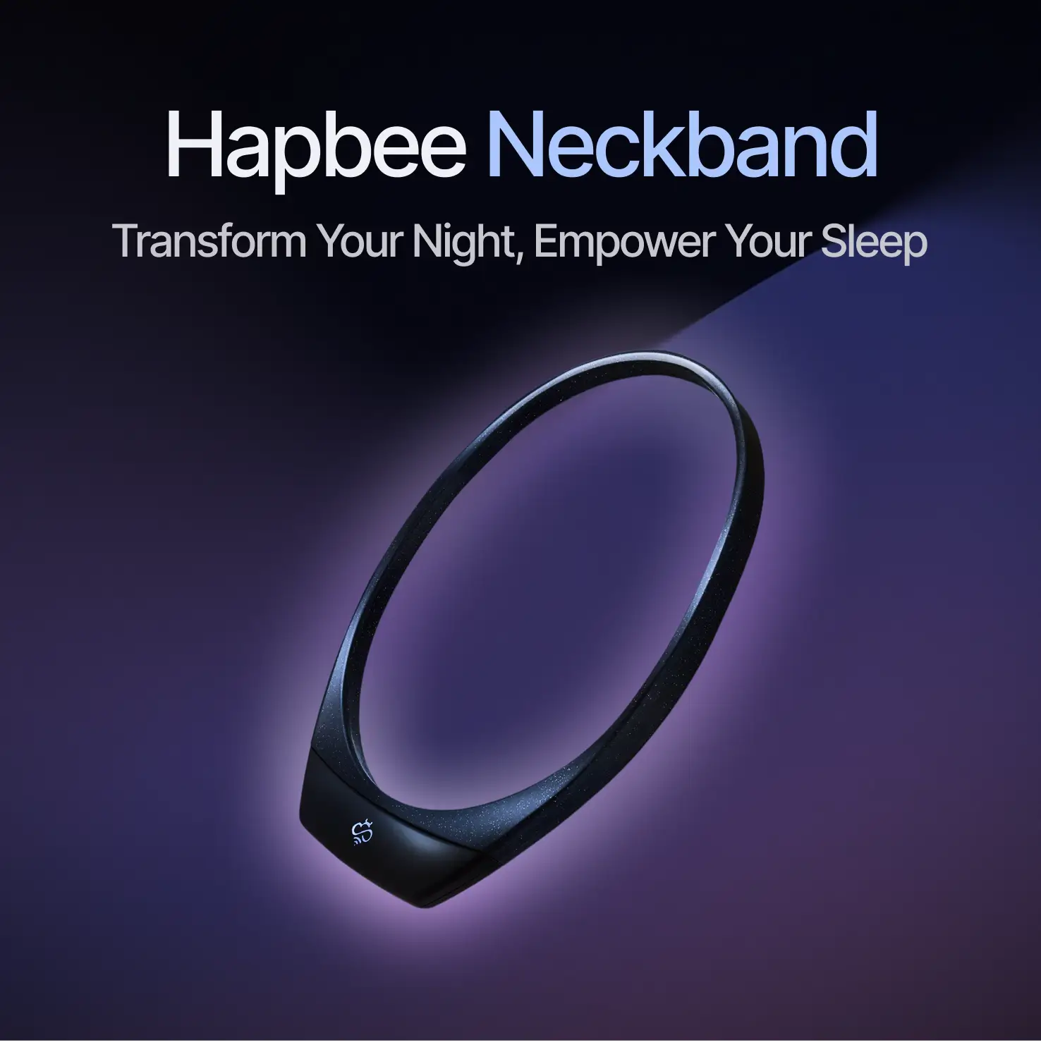 Hapbee Neckband on a dark purple background with promotional text.