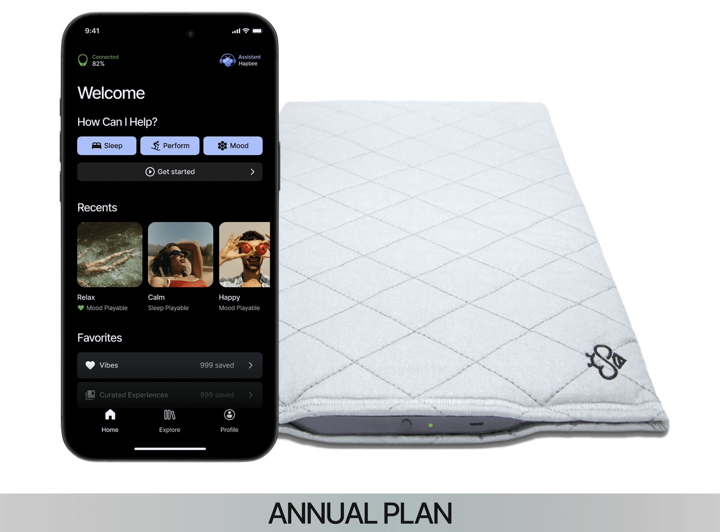 Smartphone displaying a Hapbee app interface next to a white quilted Hapbee Sleep Pad with a brand logo.