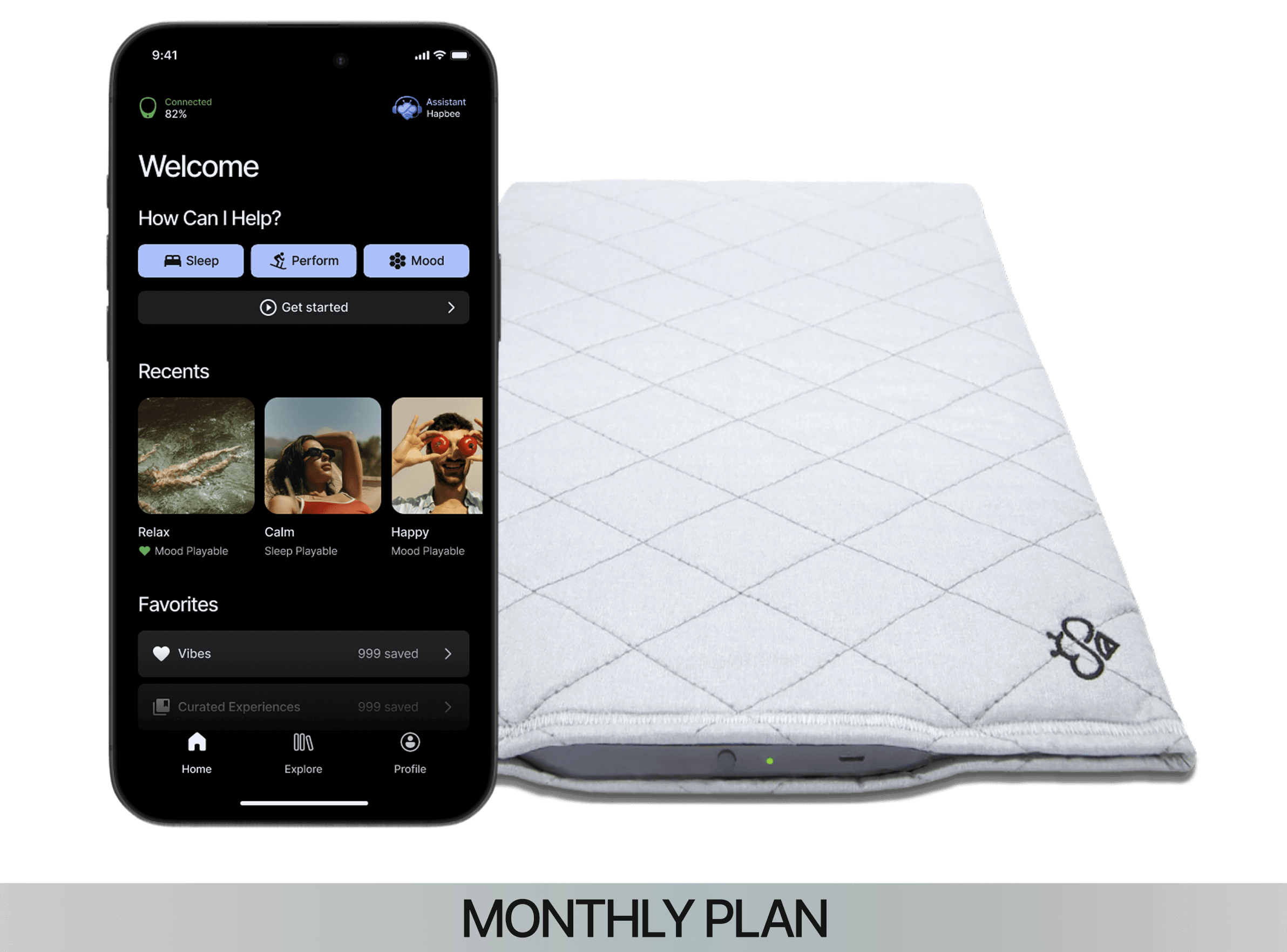 Smartphone displaying a Hapbee app interface next to a white quilted Hapbee Sleep-Pad with a brand logo.