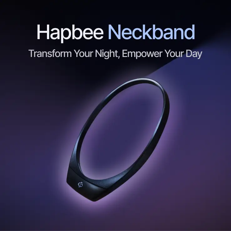 Close-up of the Hapbee Neckband, a sleek black wearable wellness device, displayed on a dark gradient background with the tagline ‘Transform Your Night, Empower Your Day.’