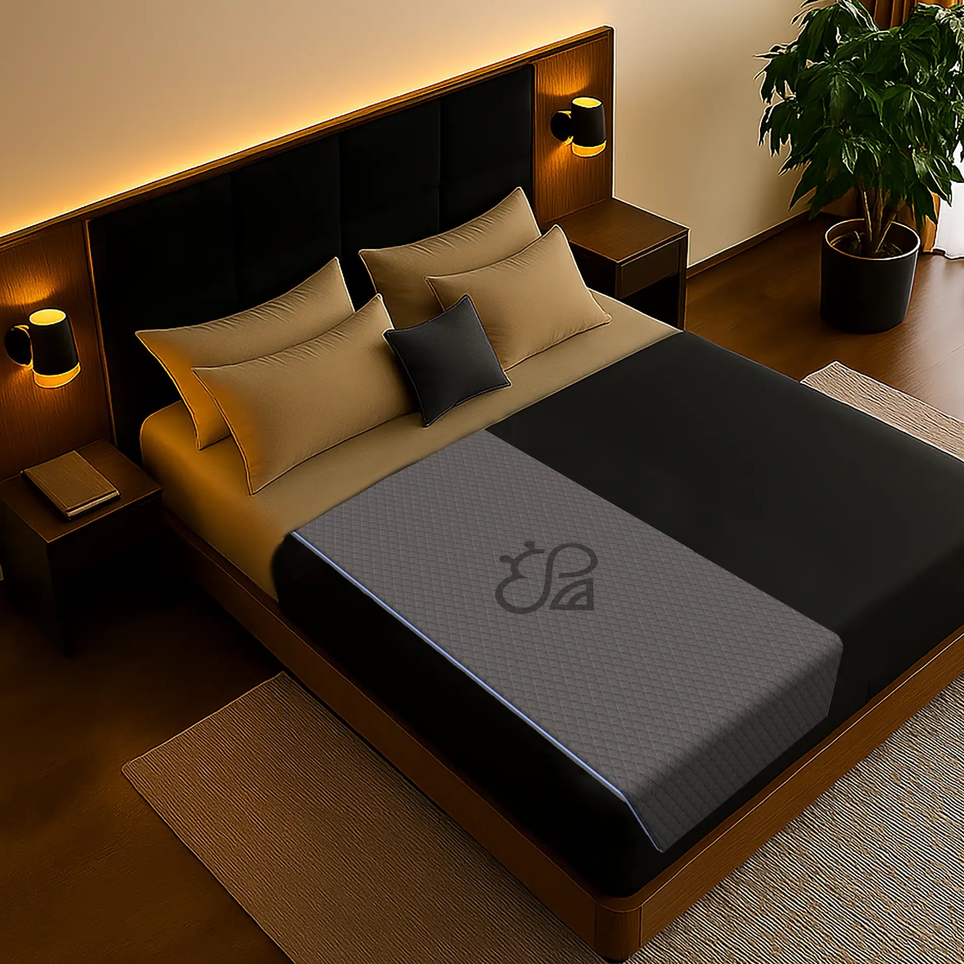 A bedroom showcasing the Hapbee Immersive Mattress Topper on a bed with an array of pillows.