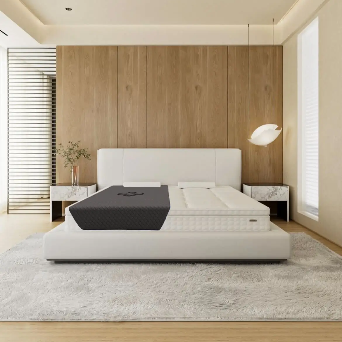 Hapbee Mattress Topper on a white bed.