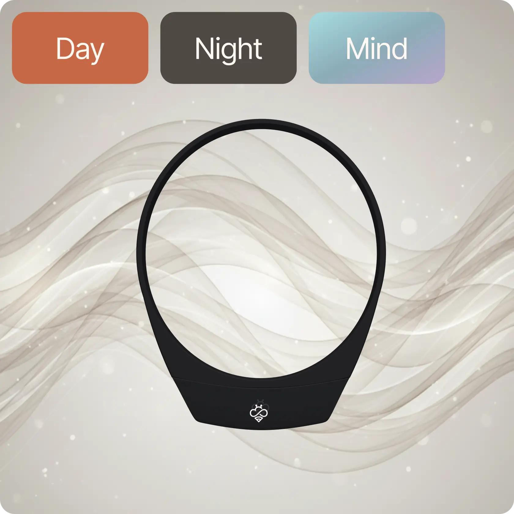 Hapbee Neckband shown against a soft abstract background, highlighting its sleek black design for frequency-based wellness support.