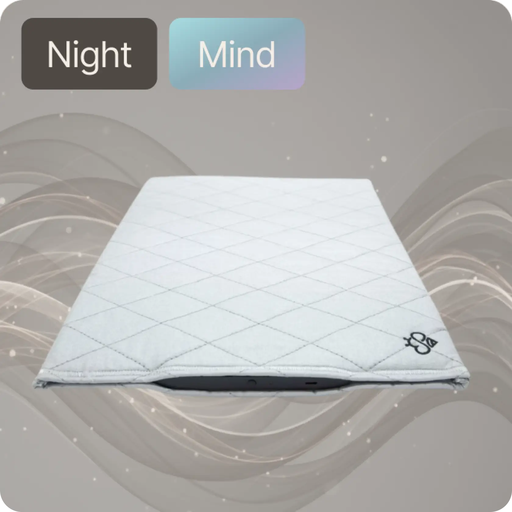 Hapbee Sleep Pad displayed against a soft abstract background, highlighting its frequency-based sleep support design.